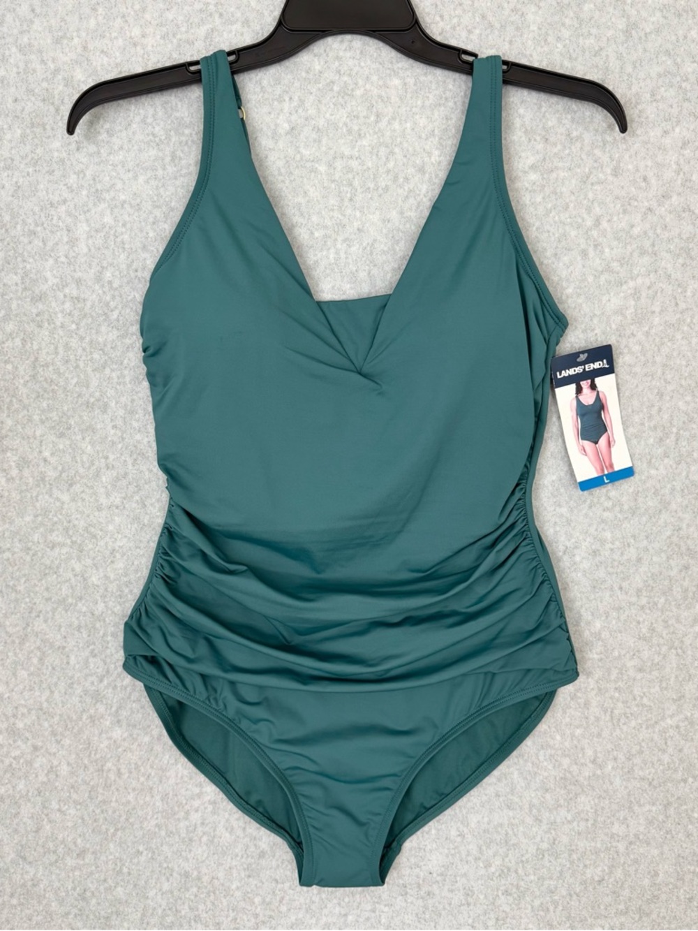Lands End Womens One Piece Swimsuit Large Teal Green Rusched UPF50 Beach READ